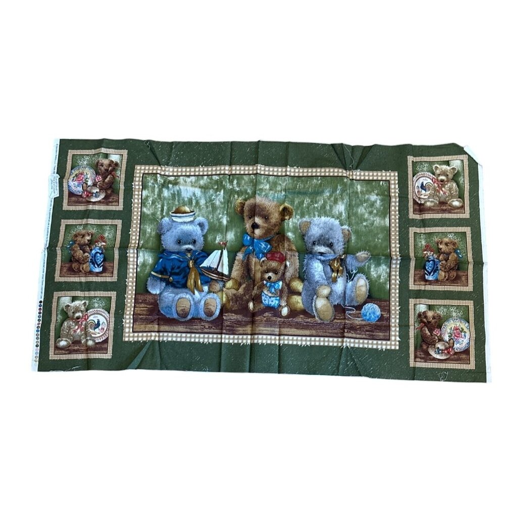 Teddy Bear Patchwork Fabric Panel Giordano Studios LLC Cotton Green Brown 23x42